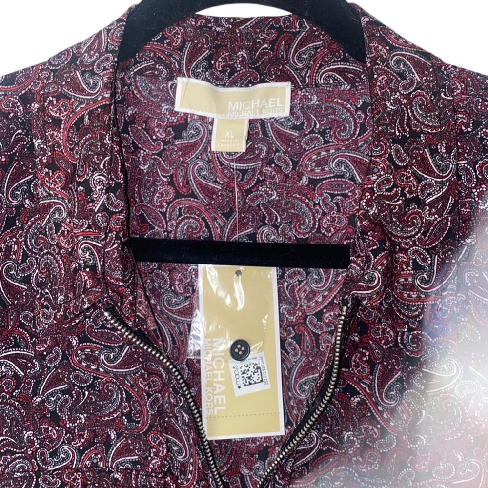 Michael Kors Royal Pink Paisley Zip Up Tap Sleeves Front Pockets High/Low Hem XL - Picture 7 of 8